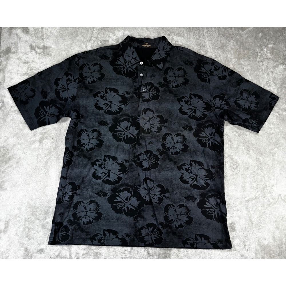 Bugatchi Polo Shirt Mens Large Black Floral Egyptian Cotton Excellent Hibiscus